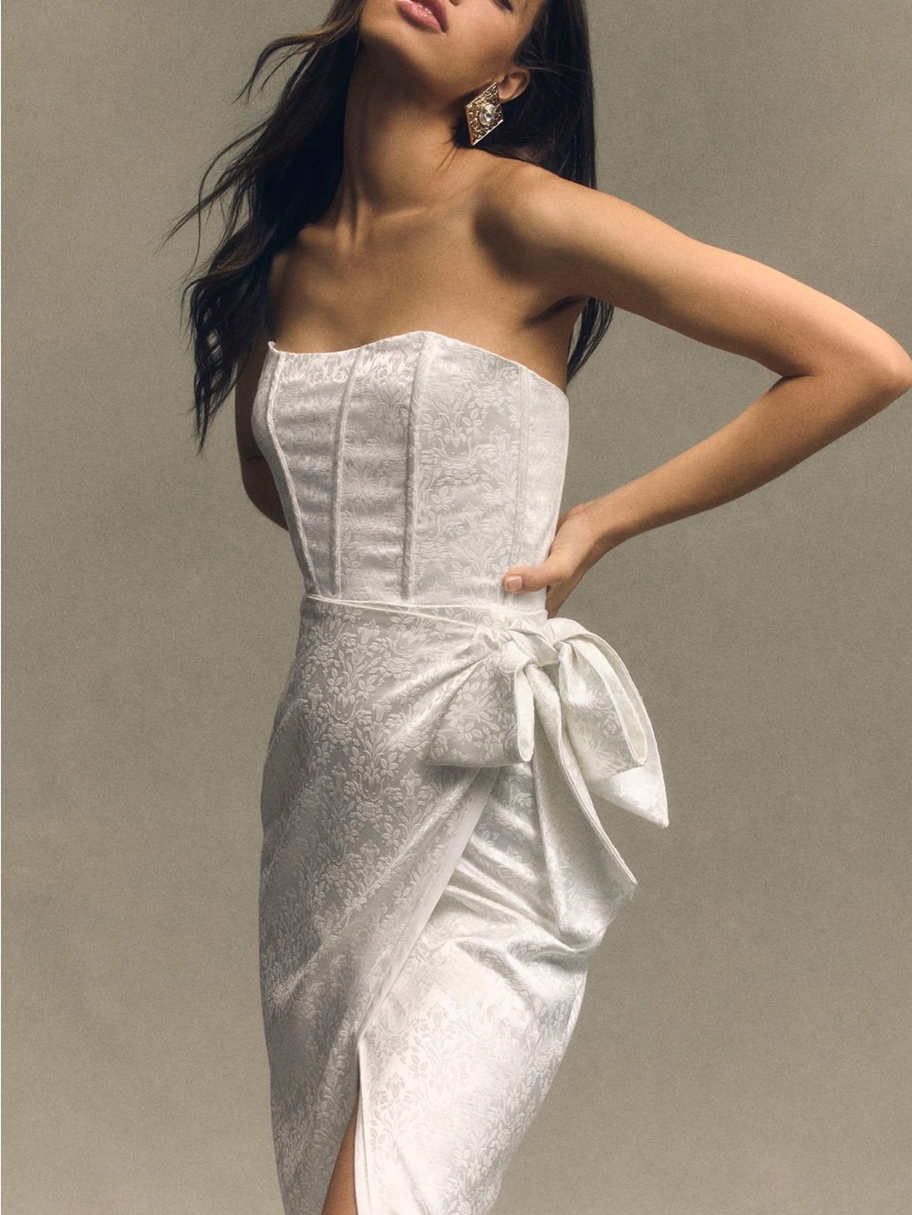 V. Chapman White Strapless Jacquard Dress with Side Bow